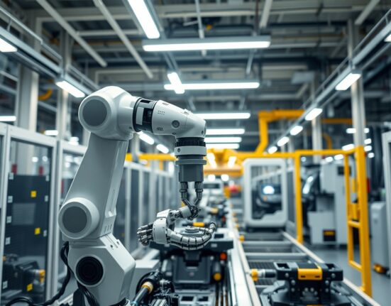 Advanced industrial robot performing assembly in a Japanese factory, representing the physical AI strategy for labor shortages.