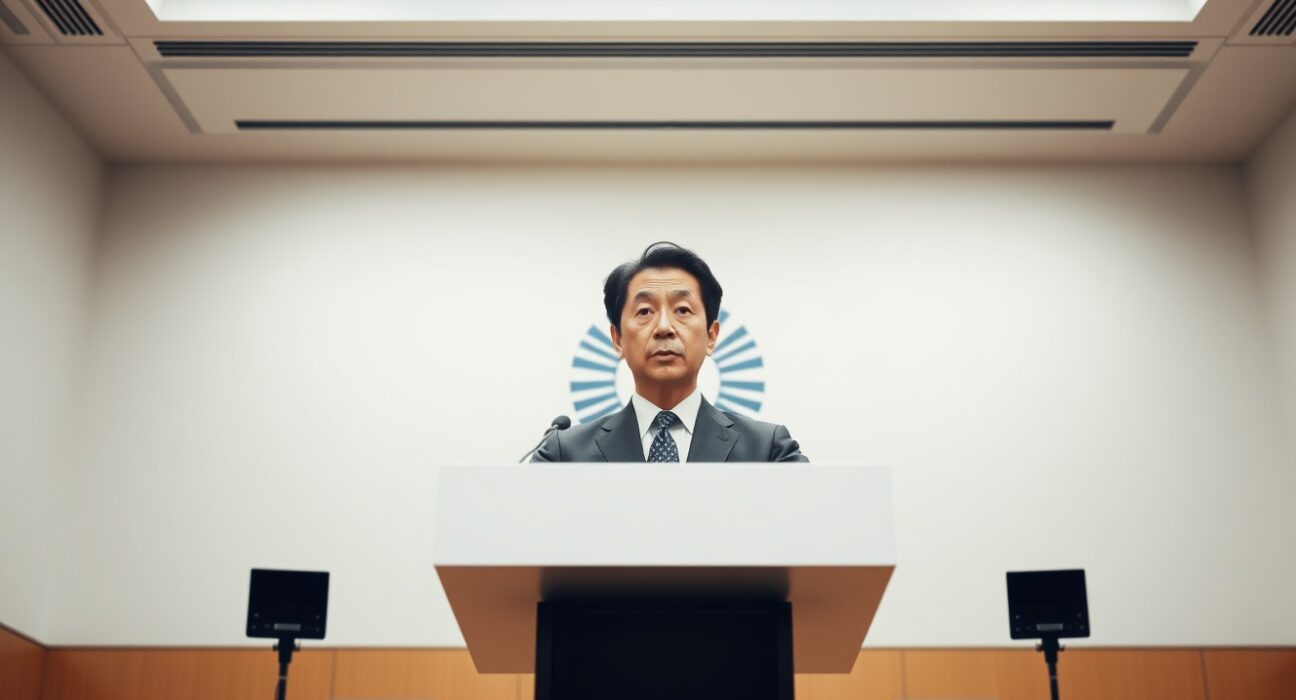 Japan Prime Minister Takaichi at a press conference discussing fiscal policy changes.
