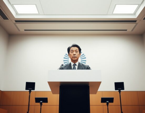 Japan Prime Minister Takaichi at a press conference discussing fiscal policy changes.