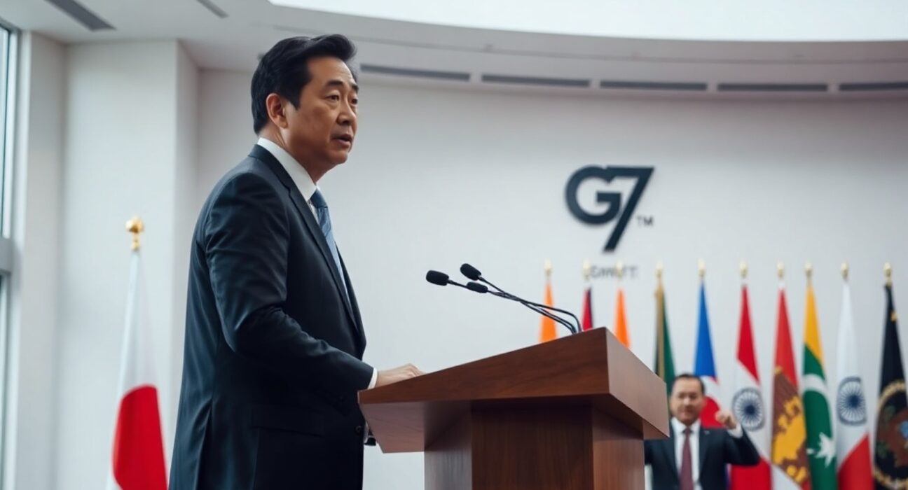 Japanese Prime Minister Takaichi at a podium with G7 Summit flags in the background