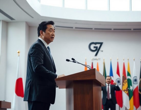 Japanese Prime Minister Takaichi at a podium with G7 Summit flags in the background