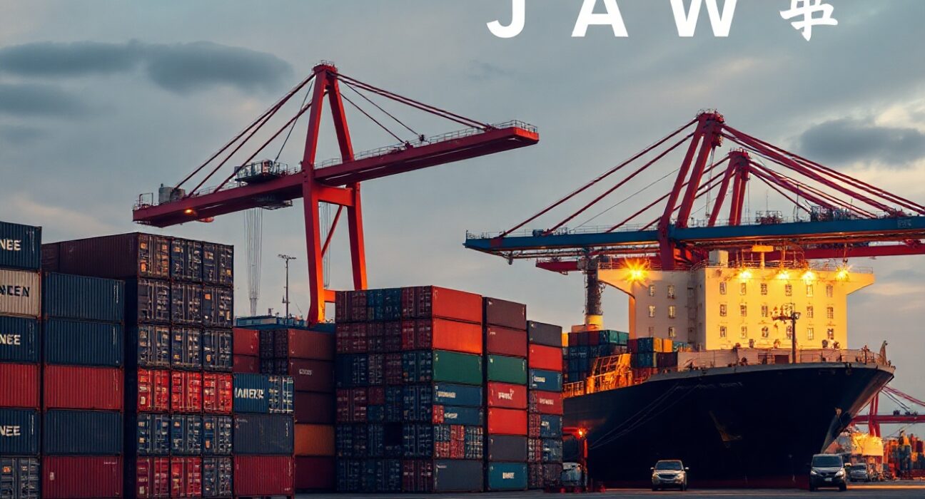 Aerial view of a busy Japanese industrial port at sunset with cargo containers and a docked ship