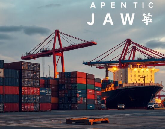 Aerial view of a busy Japanese industrial port at sunset with cargo containers and a docked ship