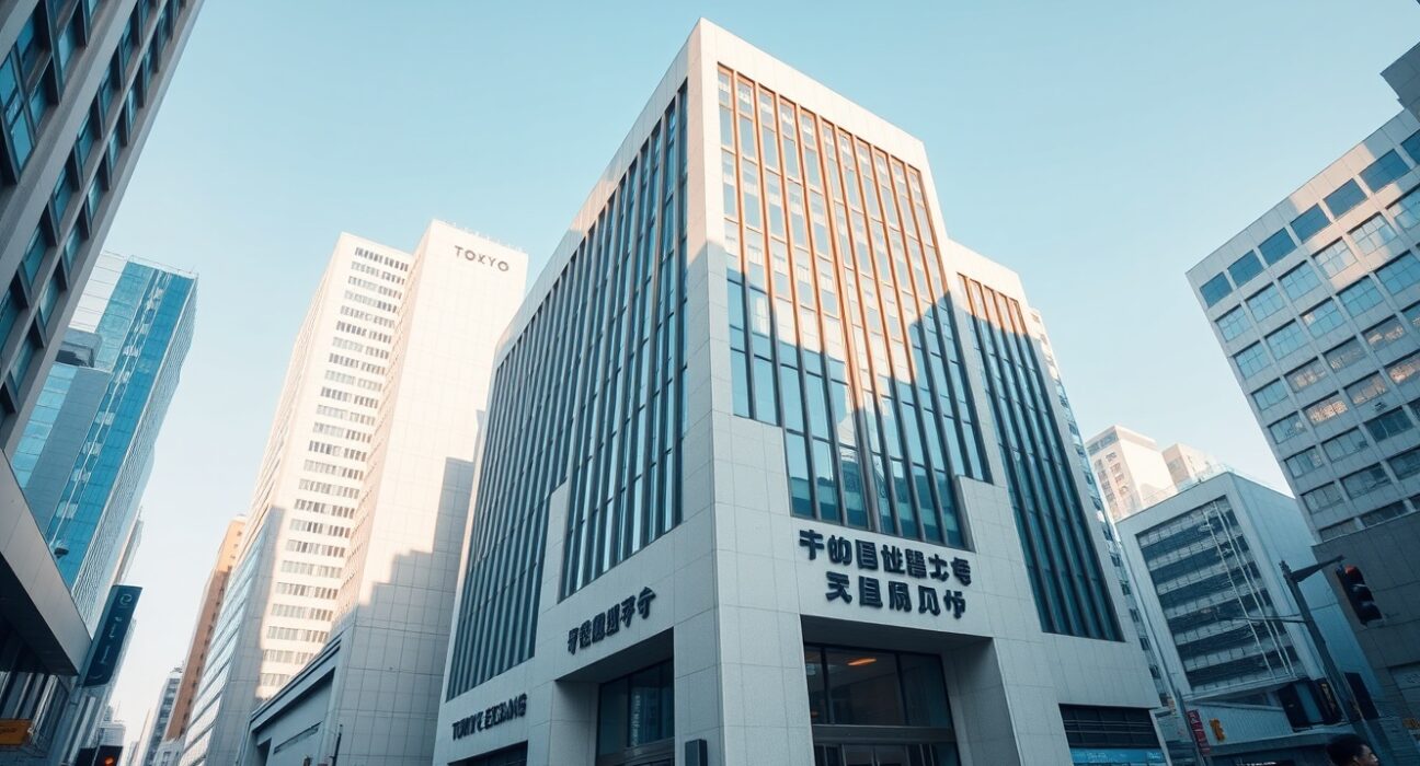 Tokyo Stock Exchange building exterior on a clear day with pedestrians