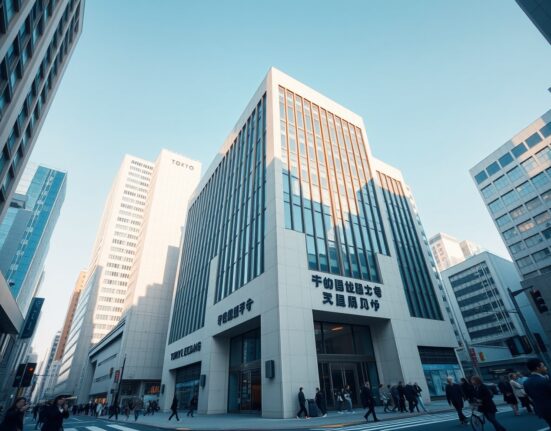 Tokyo Stock Exchange building exterior on a clear day with pedestrians