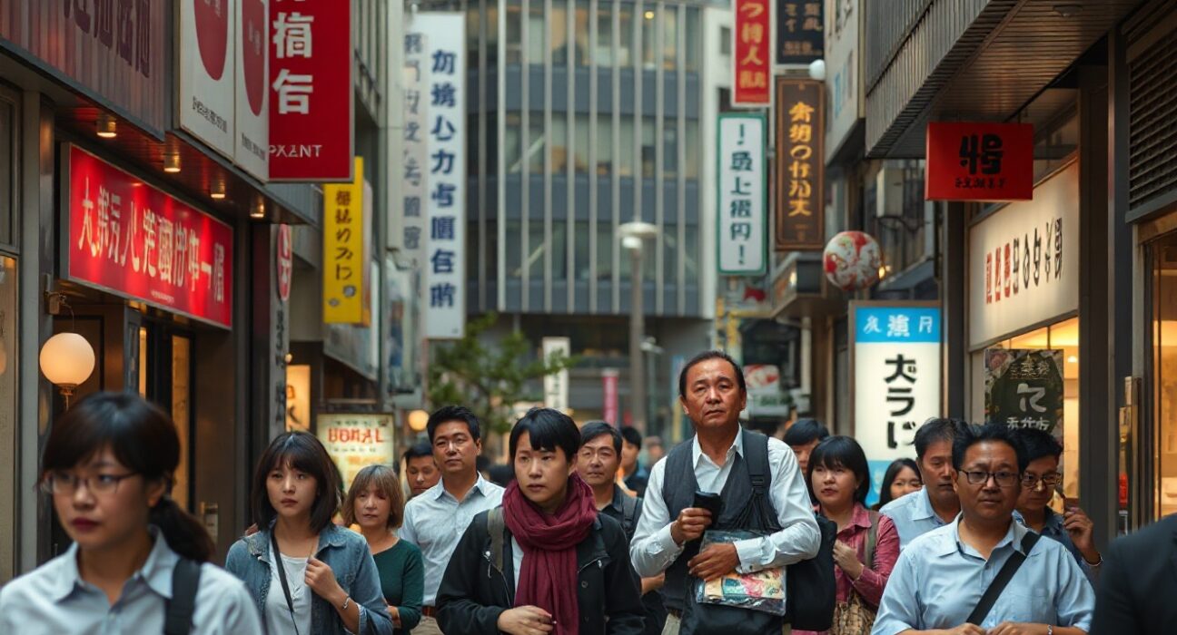 Shoppers on a busy Tokyo street, reflecting retail activity in Japan.