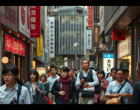 Shoppers on a busy Tokyo street, reflecting retail activity in Japan.