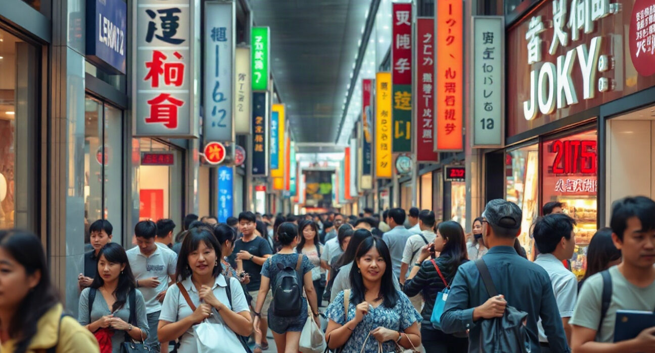 Shoppers on a busy Tokyo street with retail storefronts, reflecting strong consumer activity in Japan.