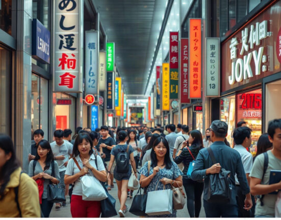 Shoppers on a busy Tokyo street with retail storefronts, reflecting strong consumer activity in Japan.