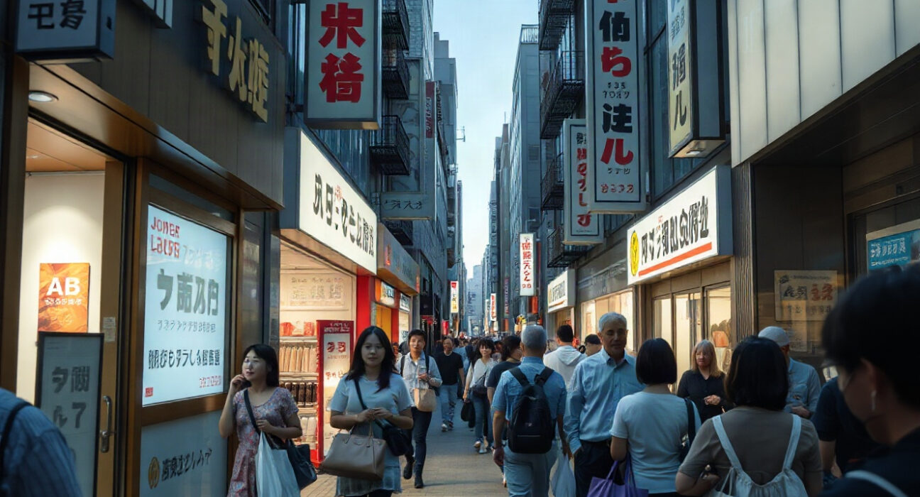 Shoppers walk along a busy retail street in Tokyo, Japan, with storefronts and signs visible.