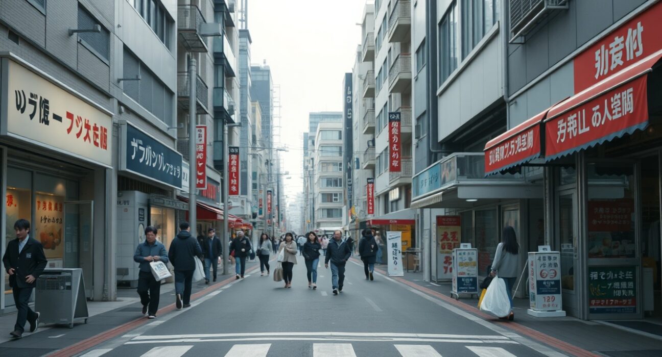Pedestrians walk past storefronts on a cloudy day in a Tokyo shopping district, reflecting subdued retail activity.