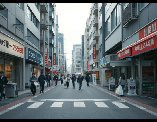 Pedestrians walk past storefronts on a cloudy day in a Tokyo shopping district, reflecting subdued retail activity.