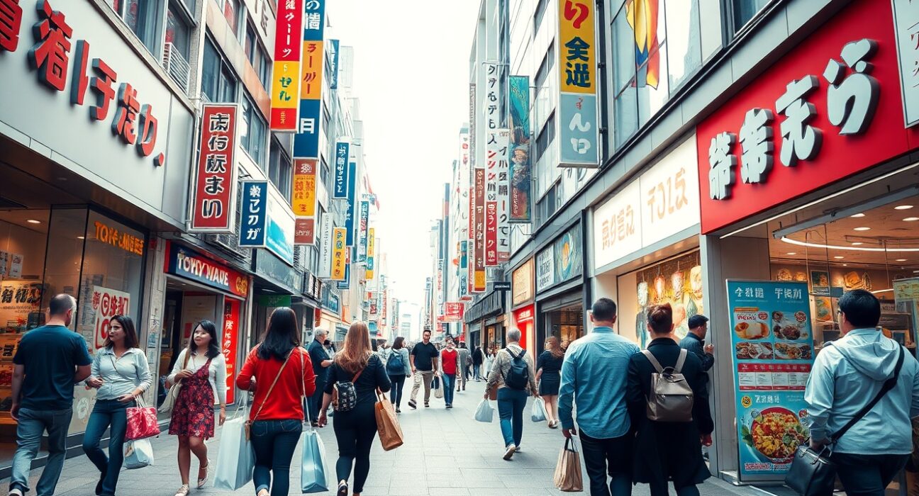 Busy shopping street in Tokyo with pedestrians and retail storefronts reflecting strong consumer spending.