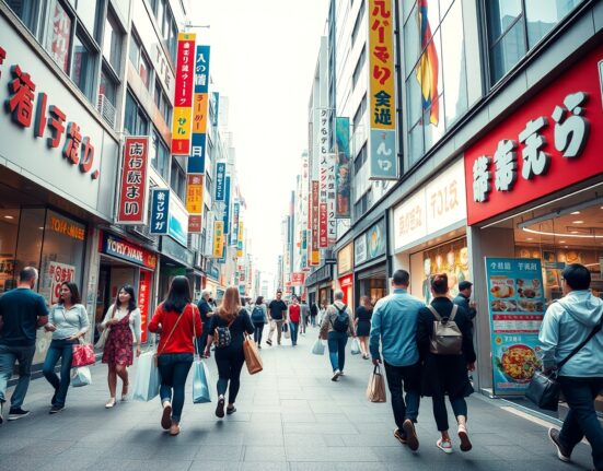 Busy shopping street in Tokyo with pedestrians and retail storefronts reflecting strong consumer spending.