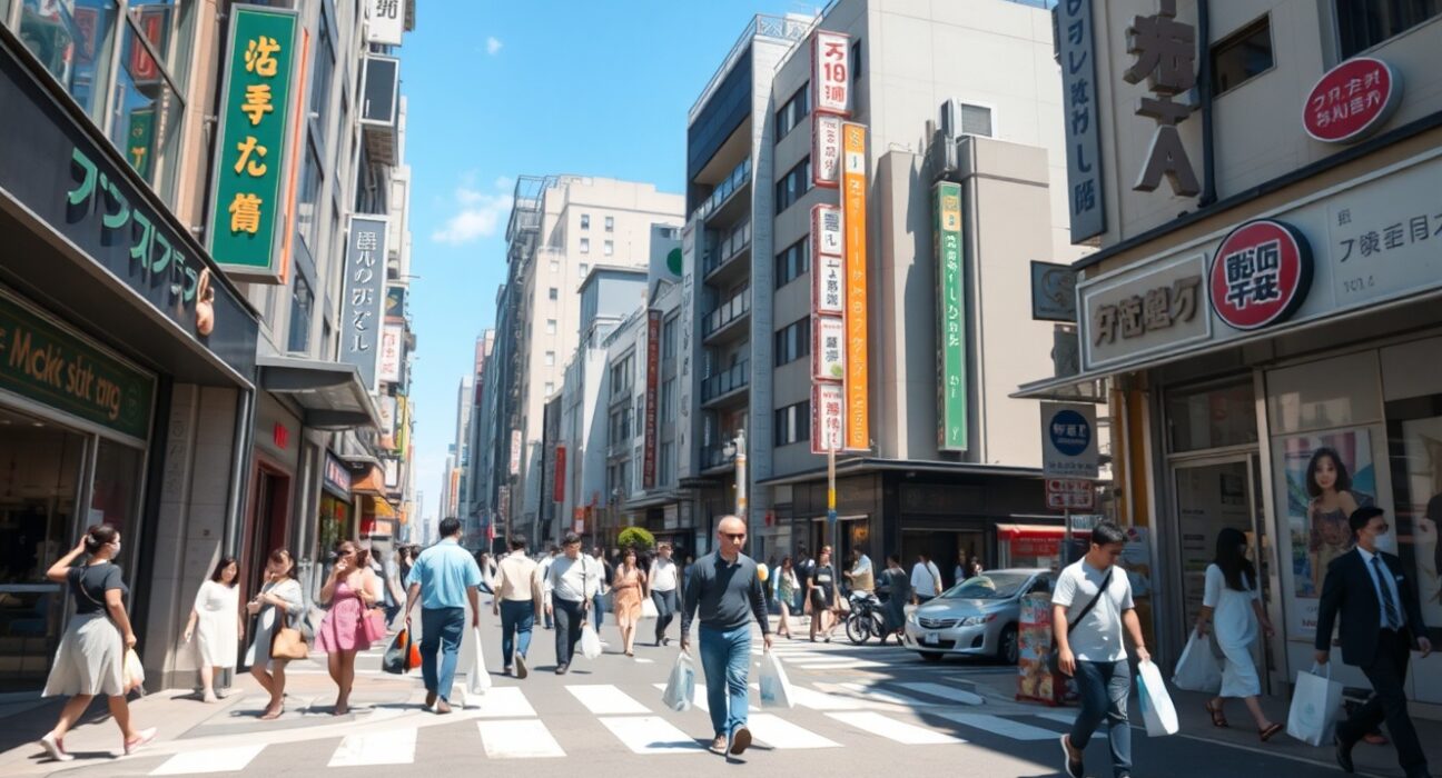 Busy shopping street in Tokyo, Japan, reflecting increased retail activity in May.