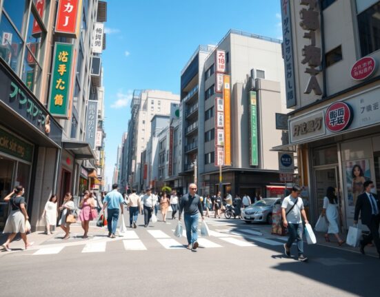 Busy shopping street in Tokyo, Japan, reflecting increased retail activity in May.