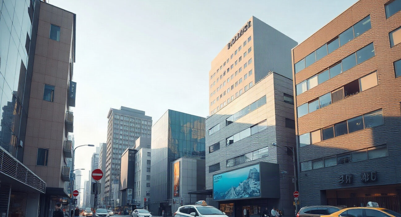 Tokyo business district skyline on a clear day, symbolizing Japan's service sector growth.