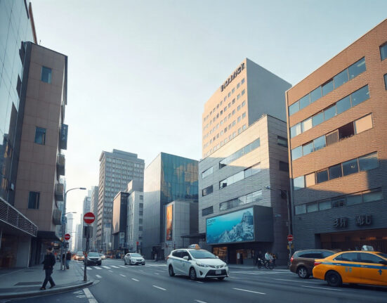 Tokyo business district skyline on a clear day, symbolizing Japan's service sector growth.