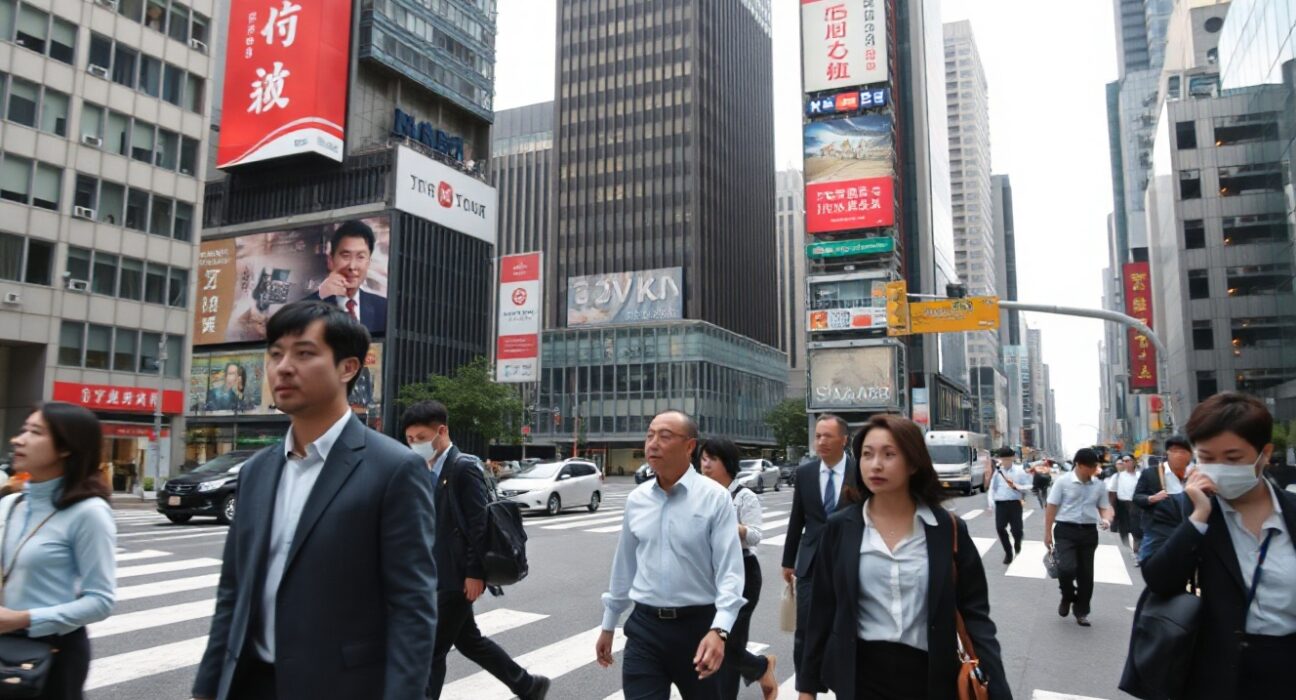 Business district in Tokyo with pedestrians crossing a street, reflecting Japan's economic activity.