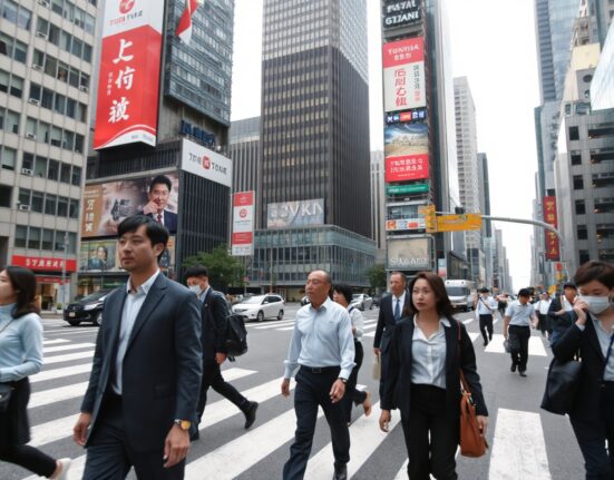 Business district in Tokyo with pedestrians crossing a street, reflecting Japan's economic activity.