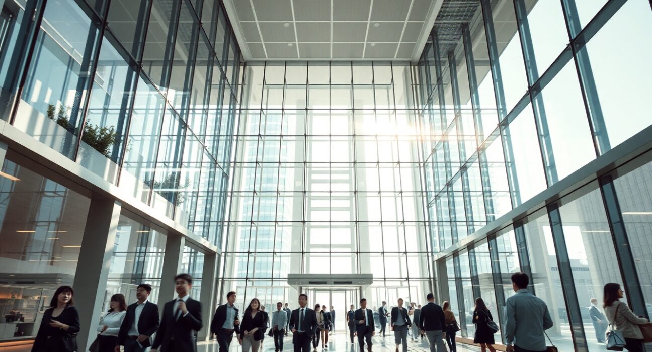 Modern office building lobby in Tokyo, Japan, representing service sector activity.