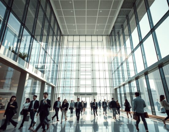 Modern office building lobby in Tokyo, Japan, representing service sector activity.