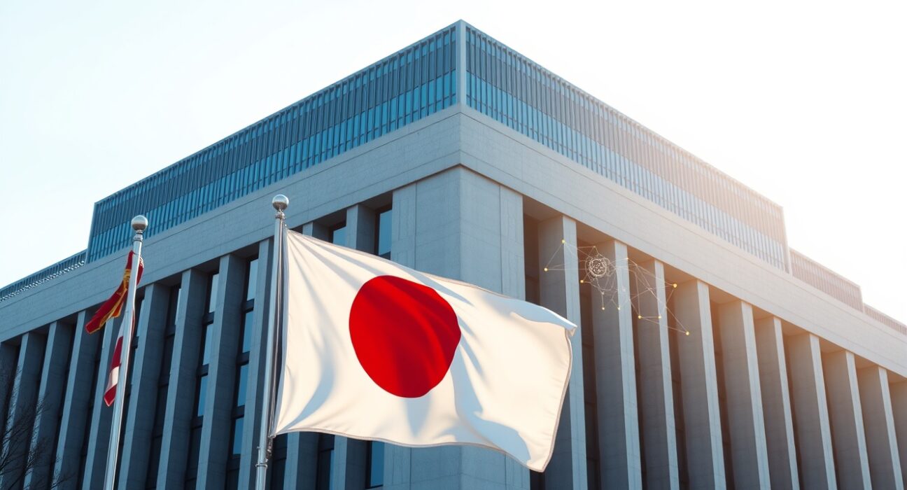 Japanese government building with a Bitcoin symbol representing crypto regulation and ETF news
