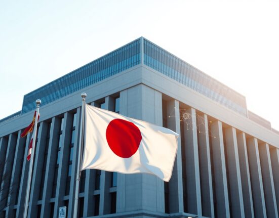 Japanese government building with a Bitcoin symbol representing crypto regulation and ETF news