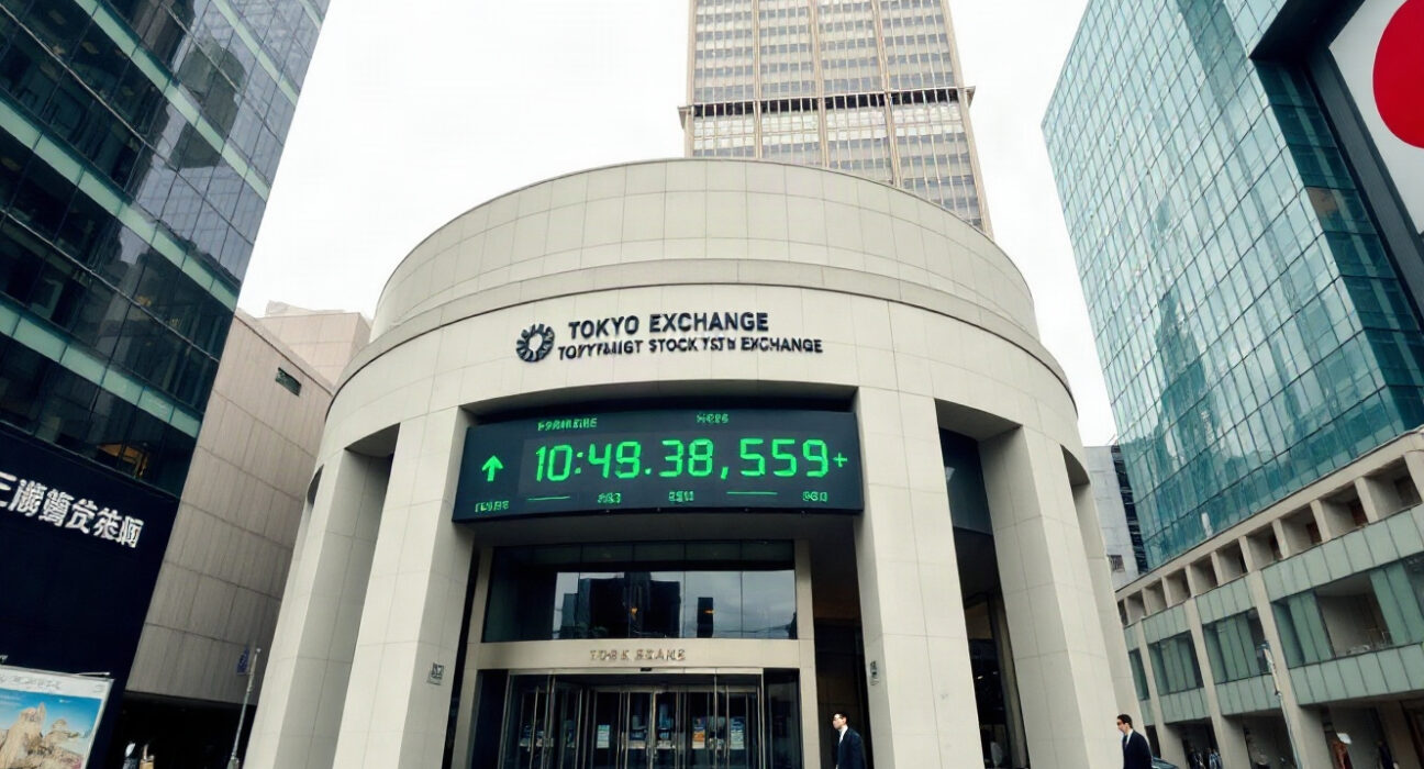 Tokyo Stock Exchange building with electronic ticker showing rising numbers on a weekday morning.