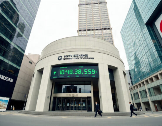 Tokyo Stock Exchange building with electronic ticker showing rising numbers on a weekday morning.