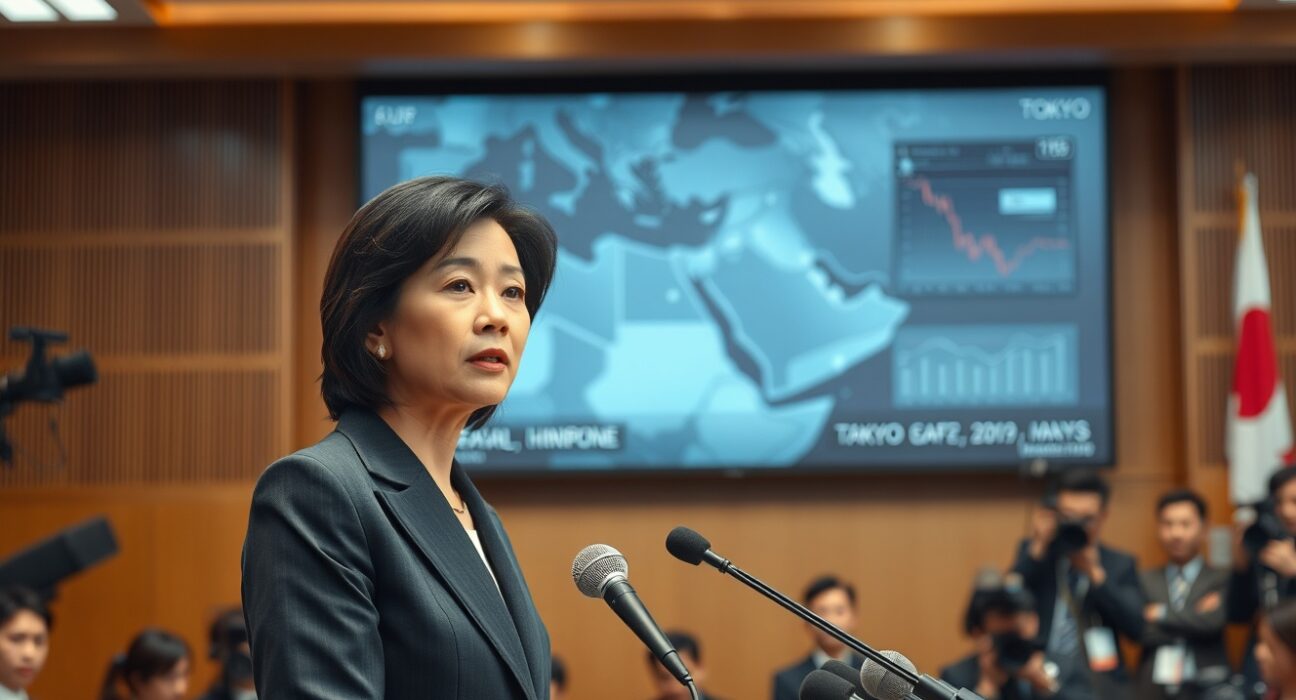 Japanese politician Sanae Takaichi at a press conference discussing a possible extra budget for the Middle East situation.