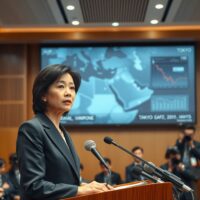 Japanese politician Sanae Takaichi at a press conference discussing a possible extra budget for the Middle East situation.