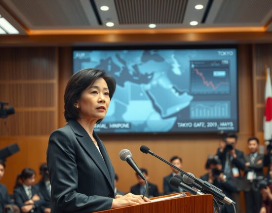 Japanese politician Sanae Takaichi at a press conference discussing a possible extra budget for the Middle East situation.