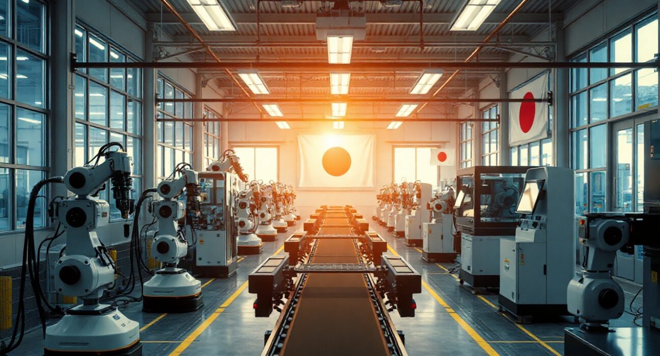 Modern Japanese factory floor with advanced robotics and a Japanese flag, representing a surge in capital expenditure.