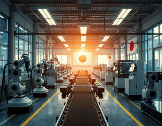 Modern Japanese factory floor with advanced robotics and a Japanese flag, representing a surge in capital expenditure.