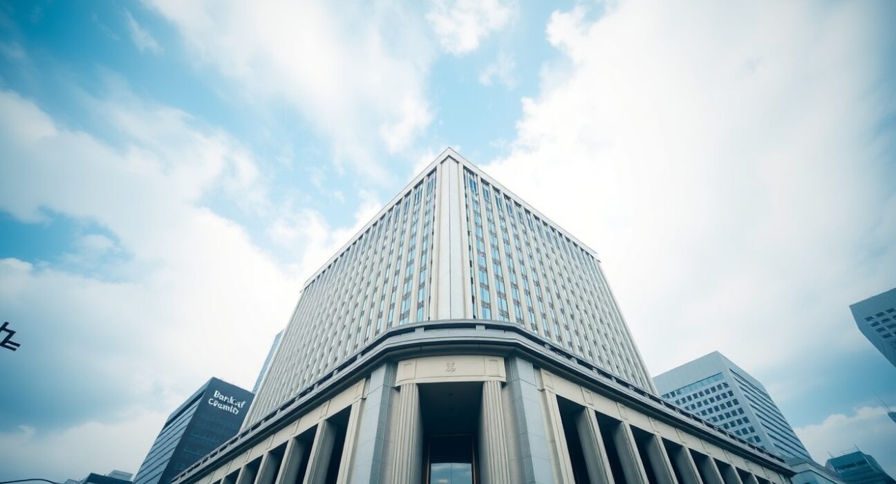 Bank of Japan headquarters building in Tokyo on a clear day, representing Japanese economic data.