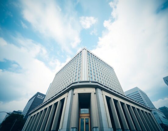Bank of Japan headquarters building in Tokyo on a clear day, representing Japanese economic data.