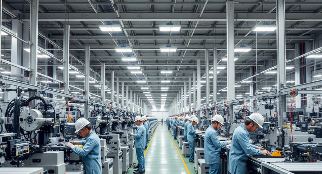 Interior of a modern Japanese manufacturing plant with workers and machinery
