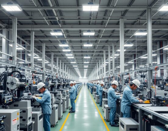 Interior of a modern Japanese manufacturing plant with workers and machinery