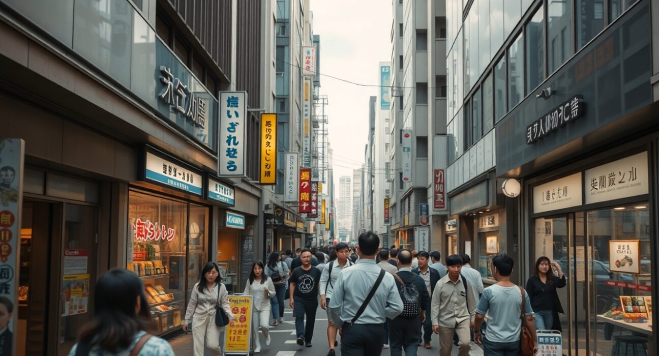Busy shopping street in Japan representing the non-manufacturing services sector