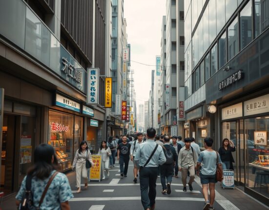 Busy shopping street in Japan representing the non-manufacturing services sector
