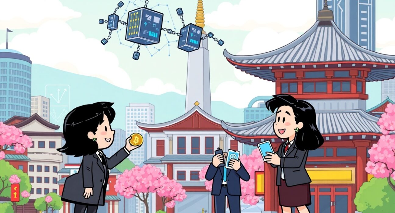 Cartoon illustration of Japan's revolutionary tokenization of local government bonds using blockchain technology.