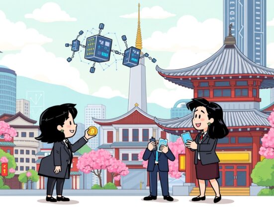 Cartoon illustration of Japan's revolutionary tokenization of local government bonds using blockchain technology.