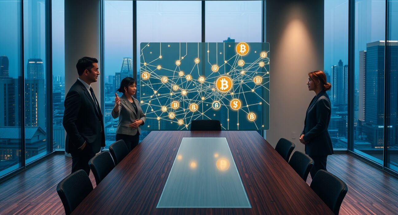 Bankers in Tokyo boardroom reviewing blockchain-based bond trading system on digital display