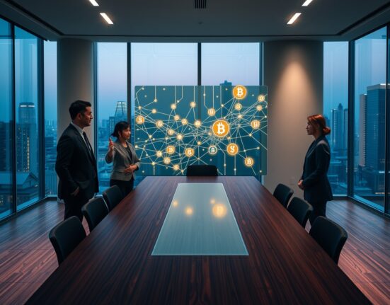 Bankers in Tokyo boardroom reviewing blockchain-based bond trading system on digital display
