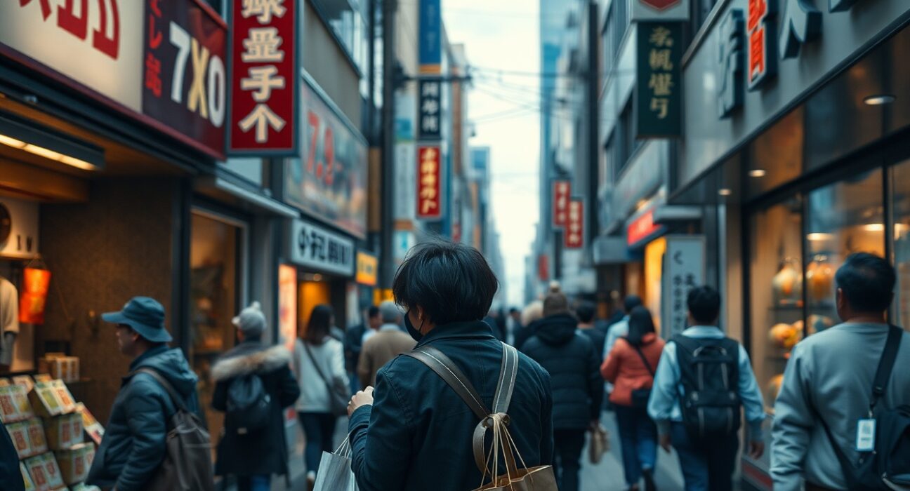 Busy Tokyo shopping street with price tags visible, illustrating inflation in Japan