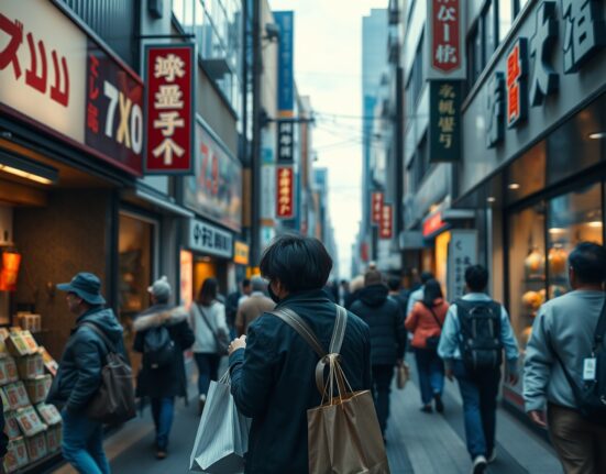 Busy Tokyo shopping street with price tags visible, illustrating inflation in Japan