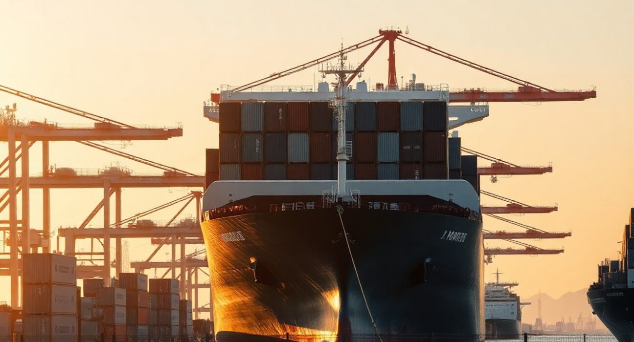 Container ship at Port of Tokyo with cranes and cargo, representing Japan's trade activity in June.