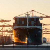 Container ship at Port of Tokyo with cranes and cargo, representing Japan's trade activity in June.