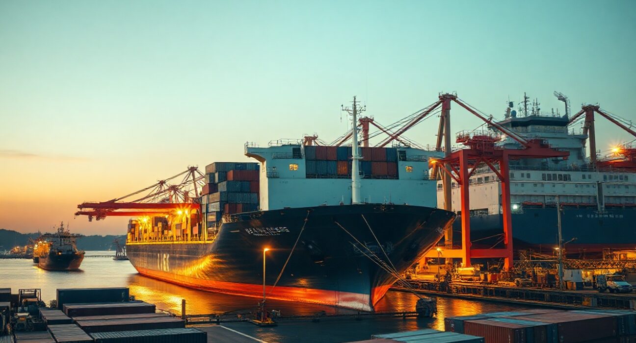 Cargo ships at a Japanese port at dusk, representing trade activity.